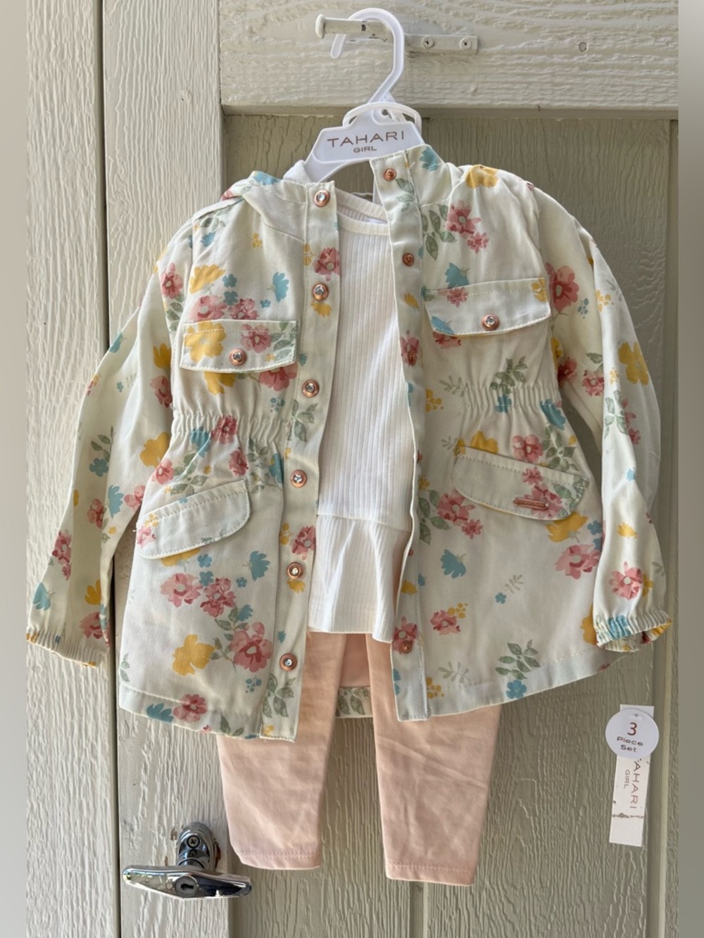 Tahari Kids Floral Cream Raincoat with Pastel Accents